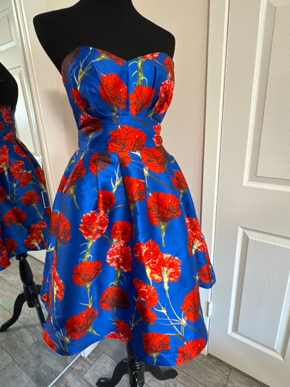 Chi Chi London Strapless Blue Dress with Red Floral Print